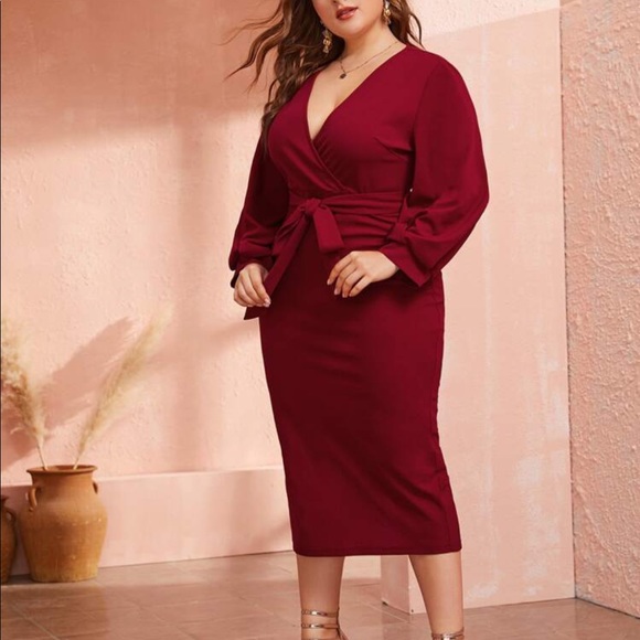 SHEIN Plus Plunging Neck Wrap Belted Pencil Dress - Picture 8 of 11
